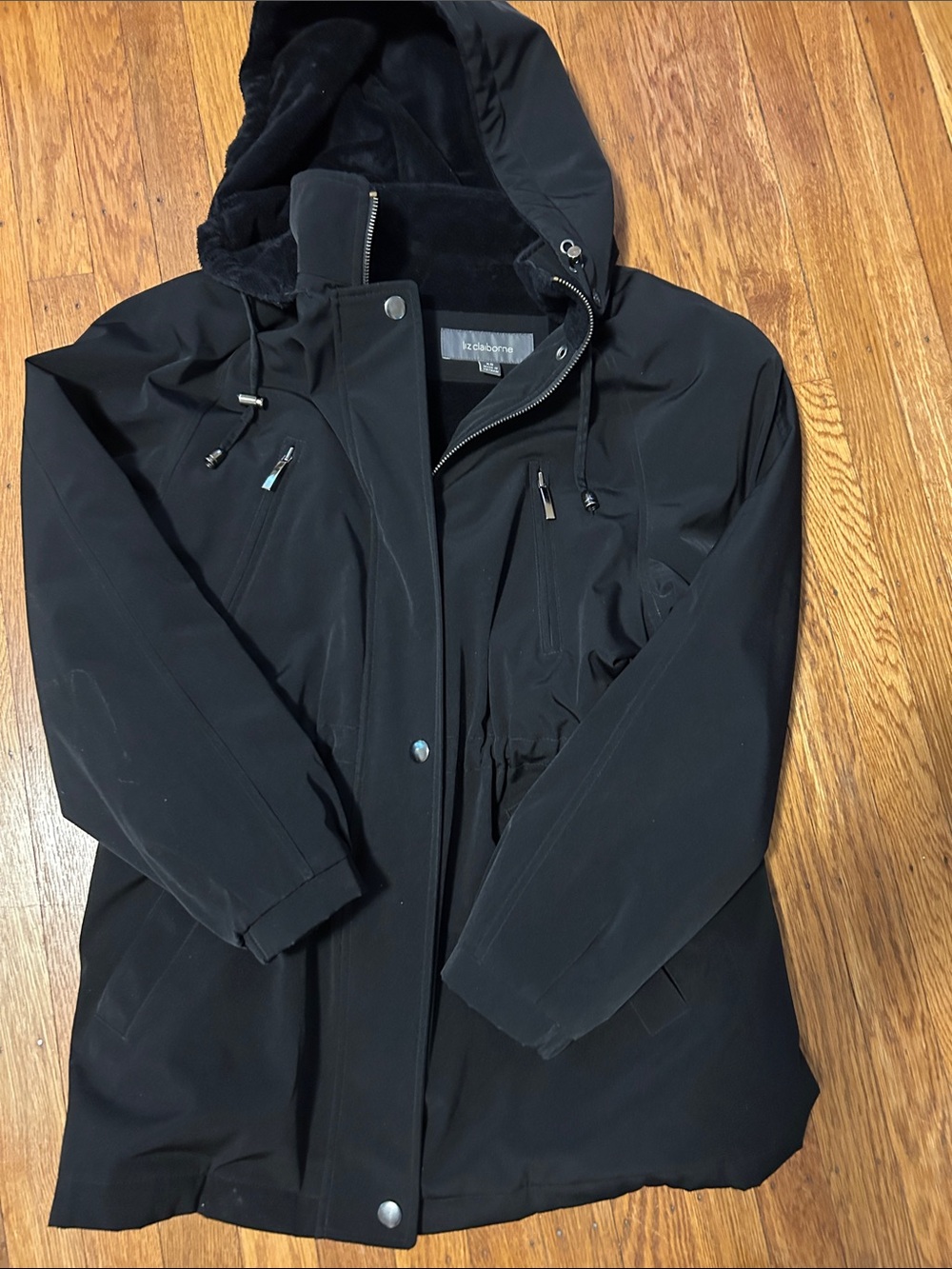 Liz Claiborne Black Hooded Lines Rain Coat